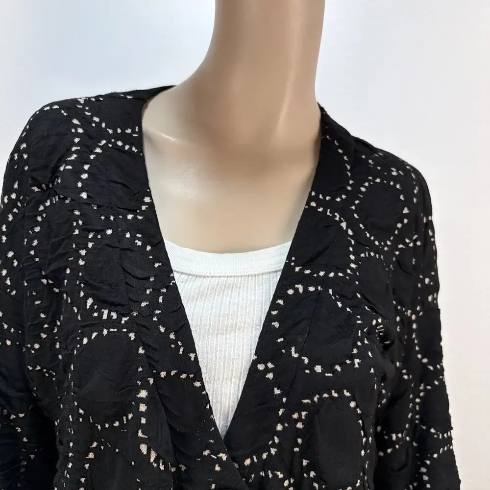 Lisa Bayne Knit Jacket Size L One Button Asymmetric‎ Black Circle Print Pockets